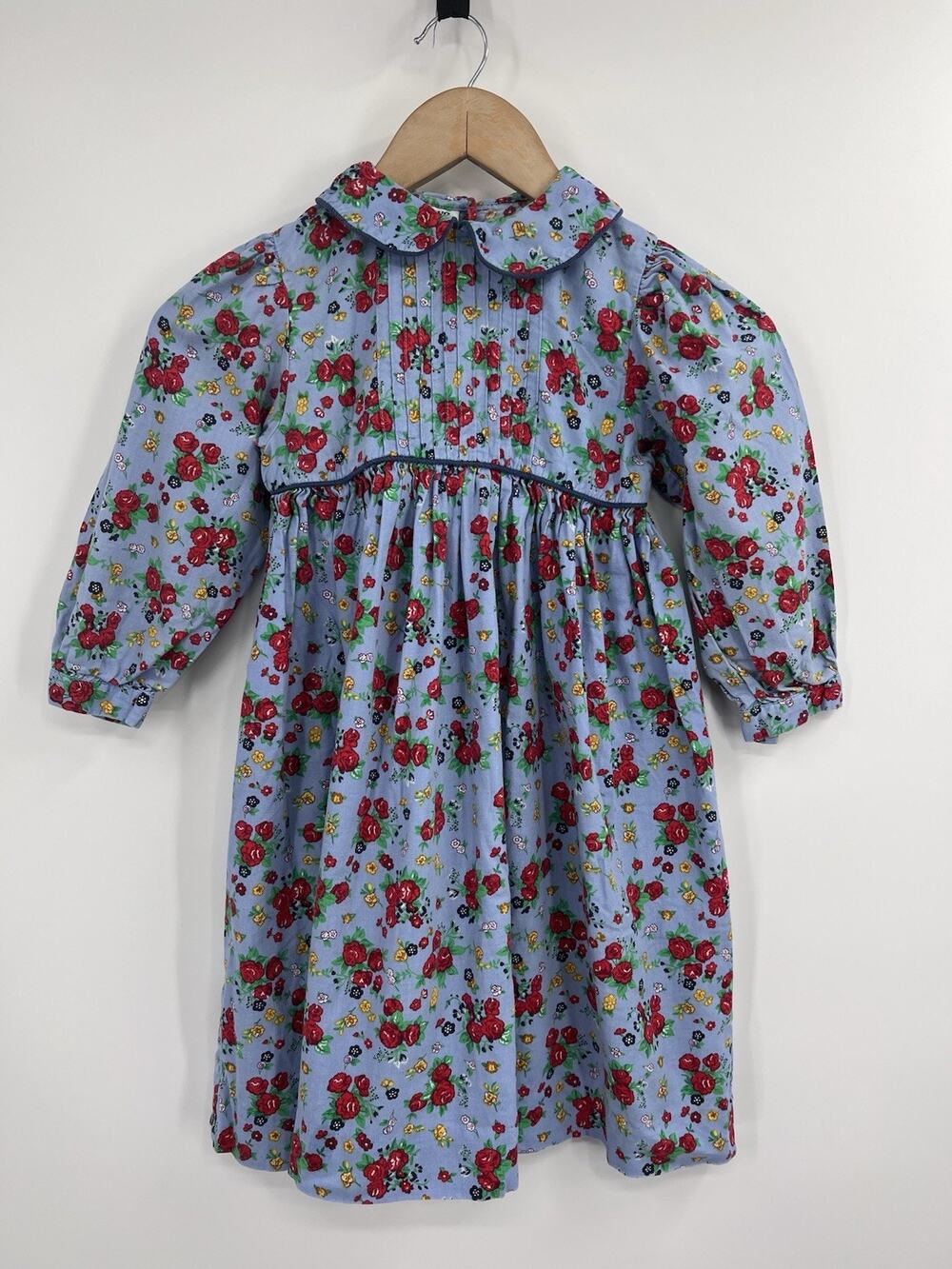 VTG Eagles Eye Light Blue Floral Cottagecore Pleated Dress Girls 6 100% Cotton